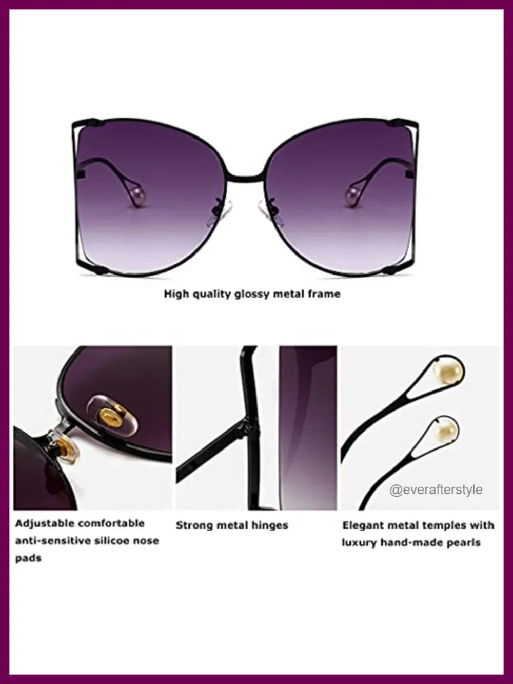 Oversized Semi Rimless Sunglasses Retro Metal Frame Pearl Design UV Protection